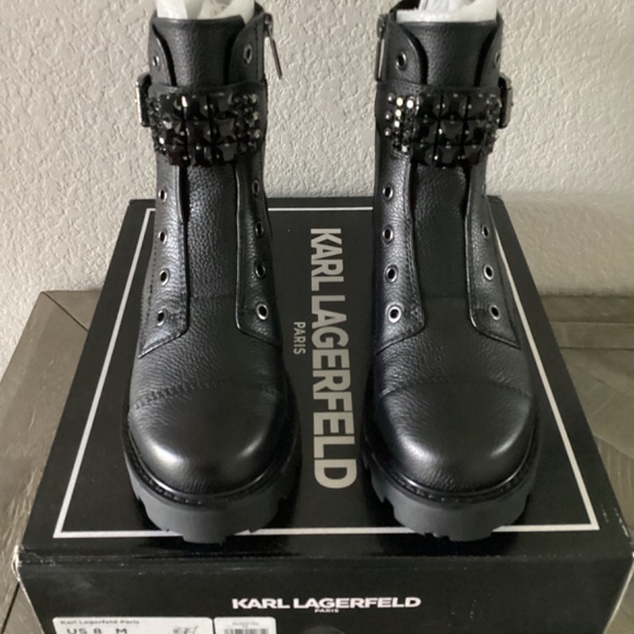 KARL LAGERFELD PARIS Women's Maeva Embellished Buckled Zip Booties, size… - Picture 9 of 16